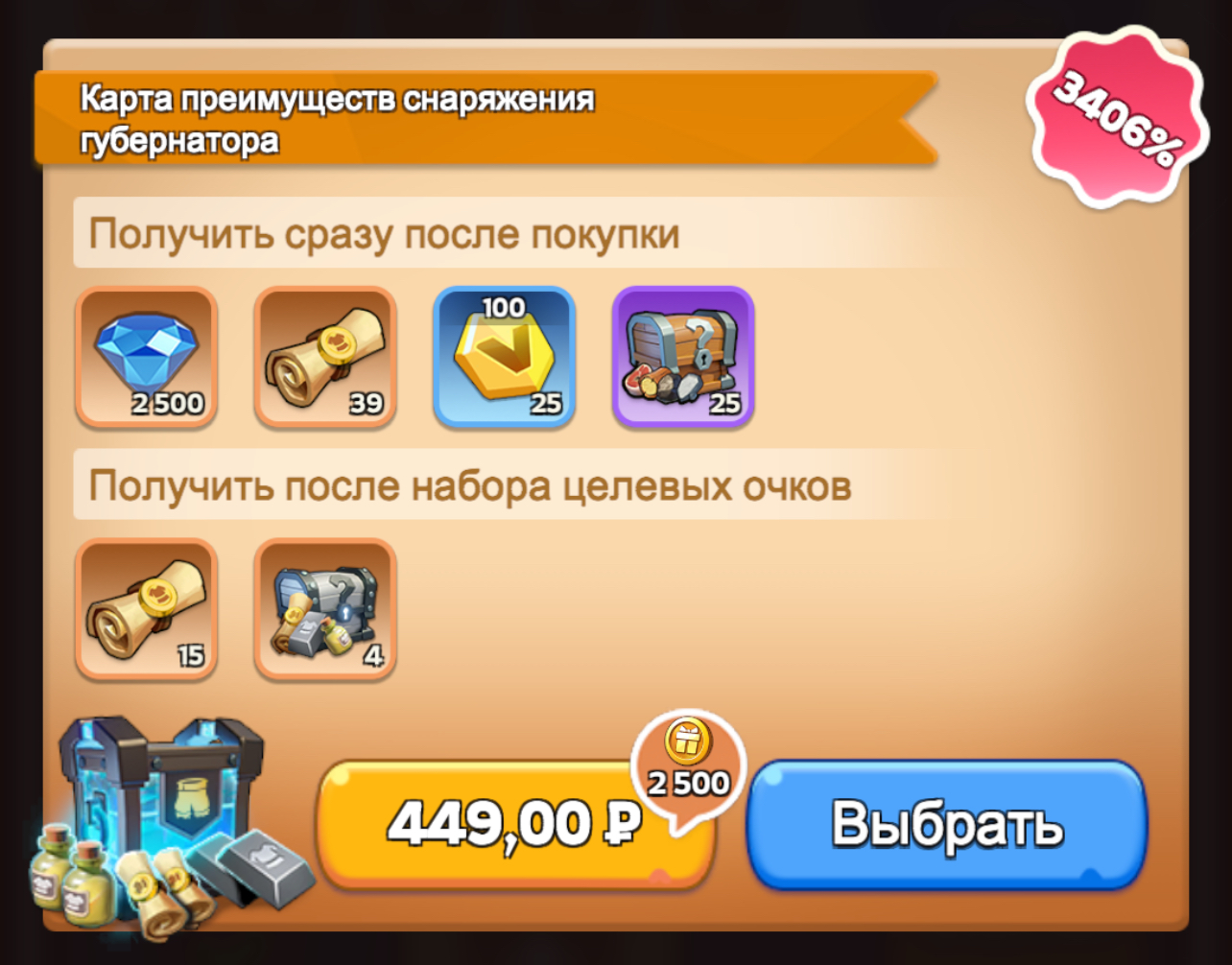 Карта преимуществ снаряжения губернатора